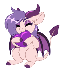 Size: 1752x1972 | Tagged: safe, artist:silkensaddle, imported from derpibooru, oc, oc only, oc:wild fever, original species, succubus, succubus pony, eyes closed, fangs, female, floppy ears, heart, lovien, simple background, sitting, smiling, solo, transparent background