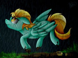 Size: 1136x852 | Tagged: safe, artist:millefaller, imported from derpibooru, lightning dust, pegasus, pony, crying, eyelashes, female, mare, outdoors, rain, solo, wings