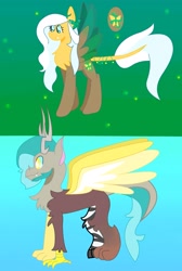 Size: 2249x3356 | Tagged: safe, artist:goldlines005, imported from derpibooru, oc, oc only, oc:eclipse, draconequus, hybrid, pony, abstract background, draconequus oc, duo, high res, interspecies offspring, offspring, parent:discord, parent:fluttershy, parents:discoshy, wings