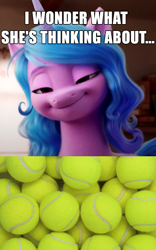 Size: 500x800 | Tagged: safe, edit, edited screencap, imported from derpibooru, screencap, izzy moonbow, pony, unicorn, spoiler:my little pony: a new generation, 3d, ball, caption, cropped, g5, image macro, izzy's tennis ball, my little pony: a new generation, smiling, solo, tennis ball, text, that pony sure does love tennis balls