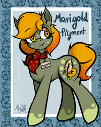 Size: 3000x3750 | Tagged: safe, artist:mrcapriccio, imported from derpibooru, oc, oc only, oc:marigold pigment, earth pony, pony, abstract background, female, full body, high res, mare, neckerchief, solo, spots