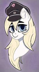 Size: 1234x2292 | Tagged: safe, artist:ingolf arts, imported from derpibooru, oc, oc:aryanne, pony, blonde, blonde hair, description is relevant, female, hair, hat, high res, looking at you, mare, nazi, reichsalicorn, schutzstaffel, simple background, solo, swastika
