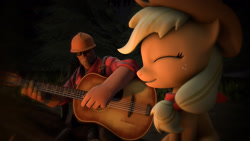 Size: 1920x1080 | Tagged: source needed, useless source url, safe, artist:derpyanon_, imported from derpibooru, applejack, earth pony, pony, /mlp/ tf2 general, 3d, acoustic guitar, applejack's hat, bandana, campfire, clothes, cowboy hat, cute, engineer, eyes closed, female, gloves, goggles, guitar, hard hat, hat, jackabetes, male, mare, musical instrument, nostalgia, overalls, shirt, sitting, smiling, source filmmaker, team fortress 2