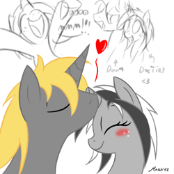 Size: 800x800 | Tagged: safe, artist:srmario, imported from derpibooru, oc, oc only, oc:doctiry, oc:doom, pony, unicorn, blushing, broken horn, eyelashes, female, freckles, horn, kissing, male, mare, oc x oc, partial color, shipping, stallion, unicorn oc