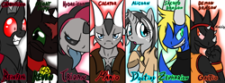 Size: 1180x440 | Tagged: safe, artist:srmario, imported from derpibooru, oc, oc only, oc:doctiry, oc:reinflak, alicorn, anthro, changeling, dragon, pony, alicorn oc, anthro with ponies, broken horn, bust, changeling oc, dragon oc, female, grin, horn, male, mare, red changeling, red eyes, smiling, wings