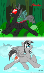 Size: 1000x1656 | Tagged: safe, artist:srmario, imported from derpibooru, oc, oc only, oc:doctiry, oc:reinflak, alicorn, changeling, pony, alicorn oc, broken horn, changeling oc, duo, female, flying, horn, mare, outdoors, red changeling, signature, wings