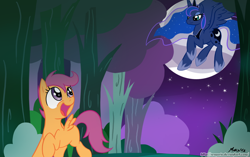 Size: 1480x928 | Tagged: safe, artist:srmario, imported from derpibooru, princess luna, scootaloo, alicorn, pegasus, pony, duo, ethereal mane, female, flying, full moon, hoof shoes, horn, jewelry, looking back, mare, moon, night, outdoors, peytral, raised hoof, smiling, starry mane, stars, tiara, tree, wings