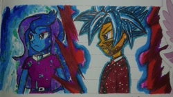 Size: 750x424 | Tagged: safe, artist:karadeg, derpibooru exclusive, imported from derpibooru, princess luna, oc, oc:karadeg, equestria girls, crossover, dragon ball, dragon ball super, lined paper, super saiyan blue evolution, super saiyan blue kaioken, vice principal luna