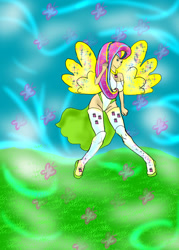 Size: 1000x1400 | Tagged: safe, artist:foxgearstudios, imported from derpibooru, fluttershy, butterfly, human, clothes, female, humanized, outdoors, socks, solo, stockings, thigh highs, winged humanization, wings