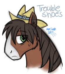 Size: 794x894 | Tagged: safe, artist:chibi-n92, imported from derpibooru, trouble shoes, earth pony, pony, bust, eye clipping through hair, frown, hat, male, signature, simple background, solo, stallion, white background