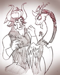 Size: 1146x1436 | Tagged: safe, artist:chibi-n92, imported from derpibooru, discord, lord tirek, centaur, draconequus, taur, angry, duo, male, nose piercing, nose ring, piercing, septum piercing, signature, traditional art