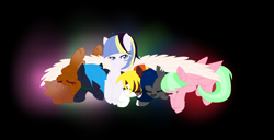 Size: 1636x840 | Tagged: safe, artist:aonairfaol, imported from derpibooru, oc, oc only, oc:airlie, oc:cameo jinx, oc:diamond runner, oc:horizon guard, oc:hot cocoa, oc:pastel boom, hybrid, pegasus, pony, base used, group, hug, interspecies offspring, lying down, offspring, parent:big macintosh, parent:cheese sandwich, parent:flash sentry, parent:fluttershy, parent:pinkie pie, parent:rainbow dash, parent:rarity, parent:soarin', parent:twilight sparkle, parent:unnamed oc, parents:canon x oc, parents:cheesepie, parents:flashlight, parents:fluttermac, parents:soarindash, pegasus oc, prone, sleeping, spread wings, winghug, wings