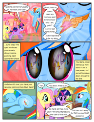 Size: 612x792 | Tagged: safe, edit, edited screencap, imported from derpibooru, screencap, fluttershy, gilda, rainbow dash, twilight sparkle, griffon, pegasus, pony, unicorn, comic:friendship is dragons, griffon the brush off, magical mystery cure, a true true friend, building, comic, dialogue, element of kindness, element of loyalty, eye reflection, eyelashes, female, floppy ears, flying, glowing cutie mark, glowing horn, horn, magic, magic aura, mare, outdoors, reflection, screencap comic, trio, trio female, unicorn twilight, wings