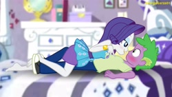 Size: 3642x2048 | Tagged: safe, artist:georgegarza01, edit, imported from derpibooru, rarity, spike, human, equestria girls, equestria girls series, barefoot, bedroom eyes, blushing, clothes, eyeshadow, feet, female, geode of shielding, high res, human spike, humanized, looking at each other, magical geodes, makeup, male, rarity peplum dress, rarity's bedroom, shipping, shirt, shoes, show accurate, sparity, straight