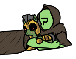 Size: 298x231 | Tagged: safe, artist:neuro, imported from derpibooru, oc, oc:anon, human, pony, undead, zombie, armor, cuddling, female, guardsmare, holding a pony, hug, human on pony snuggling, human on zombie snuggling, mare, royal guard, snuggling