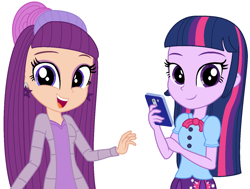 Size: 1323x999 | Tagged: safe, artist:leah2007, artist:user15432, imported from derpibooru, twilight sparkle, alicorn, human, equestria girls, barely eqg related, base used, clothes, crossover, dress, duo, ear piercing, earring, equestria girls style, equestria girls-ified, eyeshadow, hand on arm, jacket, jewelry, makeup, open mouth, phone, piercing, purple dress, purple hair, rainbow high, twilight sparkle (alicorn), violet willow