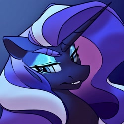 Size: 1536x1536 | Tagged: safe, artist:dodsie, derpibooru exclusive, imported from derpibooru, nightmare rarity, pony, unicorn, abstract background, fangs, female, looking away, makeup, mare, smiling, solo