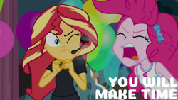 Size: 1280x720 | Tagged: safe, edit, edited screencap, editor:quoterific, imported from derpibooru, screencap, pinkie pie, sunset shimmer, all the world's off stage, equestria girls, equestria girls series, all the world's off stage: pinkie pie, balloon, clothes, cutie mark, cutie mark on clothes, eyes closed, female, geode of sugar bombs, jewelry, magical geodes, necklace, one eye closed, open mouth, tanktop