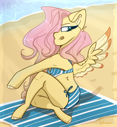 Size: 3790x4095 | Tagged: safe, artist:tizhonolulu, imported from derpibooru, fluttershy, anthro, pegasus, unguligrade anthro, arm hooves, beach, beach towel, bikini, chest fluff, clothes, ear fluff, hair over one eye, ocean, open mouth, sand, solo, swimsuit, towel