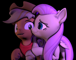 Size: 900x720 | Tagged: safe, artist:tizhonolulu, imported from derpibooru, applejack, fluttershy, earth pony, pegasus, pony, 3d, appleshy, cheek kiss, female, kissing, kissu, kissy face, lesbian, shipping, source filmmaker, unshorn fetlocks