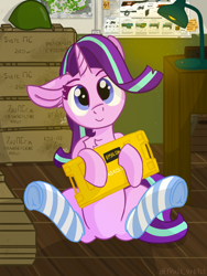 Size: 3000x4000 | Tagged: safe, artist:d3f4ult_4rt1st, imported from derpibooru, starlight glimmer, pony, unicorn, box, chest fluff, clothes, container, cute, cyrillic, dust, dust motes, ear fluff, escape from tarkov, floppy ears, frog (hoof), glimmerbetes, helmet, lamp, map, one ear down, secure container, socks, solo, striped socks, underhoof