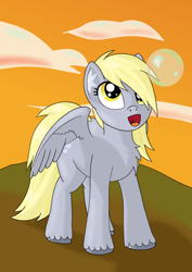 Size: 1280x1810 | Tagged: safe, artist:essentialsingularity, imported from derpibooru, derpy hooves, pony, bubble, chest fluff, cloud, female, solo, spread wings, standing, sunset, unshorn fetlocks, wings