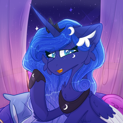 Size: 5000x5000 | Tagged: safe, artist:tizhonolulu, imported from derpibooru, princess luna, alicorn, pony, curtains, pillow, solo