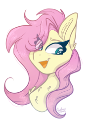 Size: 956x1314 | Tagged: safe, artist:tizhonolulu, imported from derpibooru, fluttershy, pegasus, pony, bust, eye clipping through hair, portrait, simple background, solo, white background