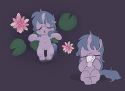 Size: 4670x3403 | Tagged: safe, artist:parfait, imported from derpibooru, oc, oc only, oc:night blossom, pony, unicorn, belly button, coffee, curved horn, drinking, female, filly, flower, horn, lilypad, sitting, sleeping, solo