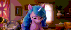 Size: 2048x858 | Tagged: safe, imported from derpibooru, screencap, izzy moonbow, pony, unicorn, spoiler:g5, spoiler:my little pony: a new generation, 3d, animated, curtains, cute, female, g5, gif, izzybetes, mare, my little pony: a new generation, open mouth, potted plant, solo, ta-da!, twilight sparkle's cutie mark, volumetric mouth, window