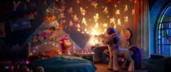 Size: 2048x858 | Tagged: safe, imported from derpibooru, screencap, sunny starscout, earth pony, pony, spoiler:g5, spoiler:my little pony: a new generation, 3d, argyle starshine, bed, bedroom, diorama, female, filly, filly sunny starscout, g5, light, male, my little pony: a new generation, stallion, younger