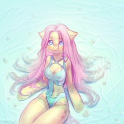 Size: 3000x3000 | Tagged: safe, artist:zefirka, imported from derpibooru, fluttershy, anthro, pegasus, arm hooves, belly button, boob window, breasts, busty fluttershy, cleavage, clothes, female, high res, one-piece swimsuit, solo, swimsuit, water