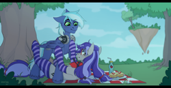 Size: 1920x991 | Tagged: safe, artist:sinner_png, imported from derpibooru, oc, oc:cinnabyte, oc:moonlight drop, earth pony, pegasus, pony, clothes, cloud, floating island, headphones, picnic blanket, scenery, socks, striped socks, tree