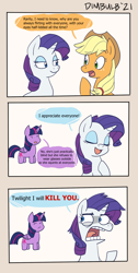 Size: 1352x2680 | Tagged: safe, artist:dimbulb, imported from derpibooru, applejack, rarity, twilight sparkle, alicorn, earth pony, pony, unicorn, comic, english, female, g4, half-lidded eyes, mare, speech bubble, this will end in death, this will end in pain, this will end in tears, this will not end well, trio, trio female, twilight sparkle (alicorn)