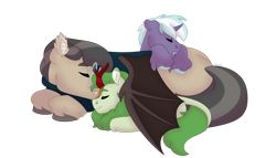 Size: 1280x732 | Tagged: safe, artist:itstechtock, imported from derpibooru, oc, oc only, oc:emerald grove, oc:gilded leaf, oc:waxing lyrical, bat pony, kirin, pony, unicorn, colt, lying down, male, prone, simple background, sleeping, transparent background