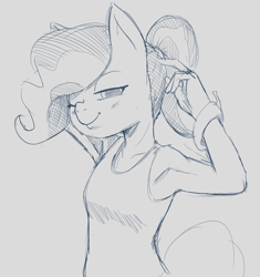 Size: 1772x1888 | Tagged: safe, artist:hitsuji, imported from derpibooru, mayor mare, anthro, armband, armpits, blushing, grayscale, looking at you, monochrome, ponytail, smiling, solo