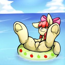 Size: 1543x1543 | Tagged: safe, artist:kyouman1010, imported from derpibooru, apple bloom, earth pony, pony, featureless crotch, female, filly, floaty, frog (hoof), solo, underhoof, water