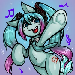 Size: 1543x1543 | Tagged: safe, artist:kyouman1010, imported from derpibooru, kotobukiya, earth pony, pony, anime, belly button, colored, cute, cutie mark, female, frog (hoof), hatsune miku, headphones, kotobukiya hatsune miku pony, mare, music notes, necktie, open mouth, pigtails, ponified, solo, twintails, underhoof, vocaloid