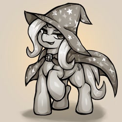 Size: 1543x1543 | Tagged: safe, artist:kyouman1010, imported from derpibooru, trixie, pony, unicorn, cape, clothes, cute, cutie mark, diatrixes, hat, horn, monochrome, solo, standing, tail, trixie's cape, trixie's hat