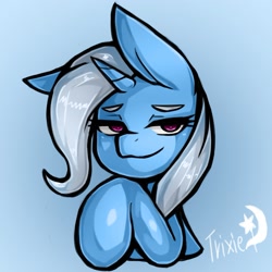Size: 1543x1543 | Tagged: safe, artist:kyouman1010, imported from derpibooru, trixie, pony, unicorn, abstract background, bust, colored, cute, diatrixes, eyelashes, female, horn, lidded eyes, mare, signature, smug, solo