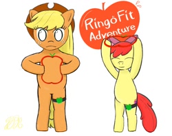 Size: 1356x1080 | Tagged: safe, artist:nomemint, imported from derpibooru, apple bloom, applejack, earth pony, pony, apple bloom's bow, applejack's hat, bow, cowboy hat, duo, duo female, female, filly, hair bow, hat, mare, pun, ring fit adventure, standing on two hooves