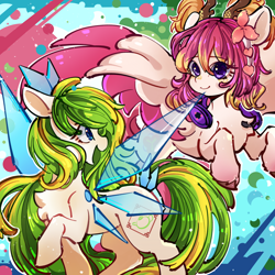 Size: 2048x2048 | Tagged: safe, artist:左左, imported from derpibooru, oc, oc:tea fairy, oc:鹃煦, earth pony, kirin, pegasus, pony, earbuds, female, group photo, guangzhou, high res, kirin-ified, looking at each other, mare, mascot, open mouth, pegasus oc, shenzhen, smiling, smiling at each other, species swap, wings