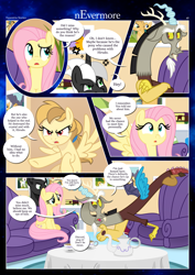 Size: 3259x4607 | Tagged: safe, artist:estories, imported from derpibooru, imported from ponybooru, discord, fluttershy, oc, oc:alice goldenfeather, oc:comet, oc:möbius, draconequus, pegasus, phoenix, pony, unicorn, comic:nevermore, angry, book, bookshelf, comic, couch, cross-popping veins, cup, cushion, horn, pegasus oc, speech bubble, table, tea kettle, teacup, unicorn oc, wings