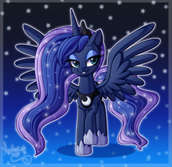 Size: 1347x1311 | Tagged: safe, artist:anthocat, imported from derpibooru, princess luna, alicorn, pony, cheek fluff, crown, female, jewelry, lidded eyes, mare, regalia, smiling, smug, smugluna, solo, spread wings, stars, wings