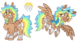 Size: 828x452 | Tagged: safe, artist:grumppanda, imported from derpibooru, oc, oc only, oc:golden daze, pegasus, pony, bandage, bandaid, bandaid on nose, clothes, cutie mark, female, floppy ears, flying, goggles on head, grin, leg wraps, mare, neck fluff, raised leg, smiling, solo, spread wings, tongue out, uniform, wings, wonderbolts uniform