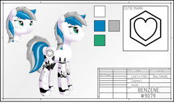 Size: 1191x705 | Tagged: safe, artist:zocidem, imported from derpibooru, oc, oc only, oc:benzene, earth pony, pony, augmented, cutie mark, description, digital art, reference sheet, solo, transhumanism