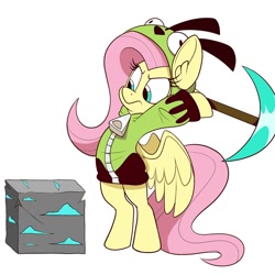 Size: 1200x1200 | Tagged: safe, artist:wutanimations, imported from derpibooru, fluttershy, pegasus, pony, animated at source, antonymph, bipedal, clothes, crack, diamond ore, diamond pickaxe, fluttgirshy, gir, hoodie, invader zim, minecraft, mining, pickaxe, simple background, solo, spread wings, upload fail, vylet pony, white background, wings, zipper