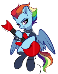 Size: 3010x3876 | Tagged: safe, artist:vetta, imported from derpibooru, rainbow dash, pegasus, pony, bass guitar, clothes, collar, ear piercing, earring, electric guitar, flying, guitar, high res, jewelry, music, musical instrument, older, older rainbow dash, piercing, punk, smiling, solo, spiked collar, spiked wristband, wings, wristband