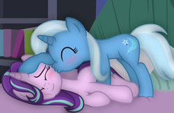 Size: 2945x1920 | Tagged: safe, artist:grapefruit-face, imported from derpibooru, starlight glimmer, trixie, pony, unicorn, base used, bedroom, blushing, bookshelf, cheek kiss, cute, diatrixes, duo, eyes closed, female, glimmerbetes, high res, hoof on head, kiss on the cheek, kissing, lesbian, lying down, mare, shipping, show accurate, smiling, startrix