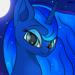 Size: 1000x1000 | Tagged: safe, artist:tierwidy, imported from derpibooru, princess luna, alicorn, pony, cute, female, mare, moon, night, smiling, solo, stars